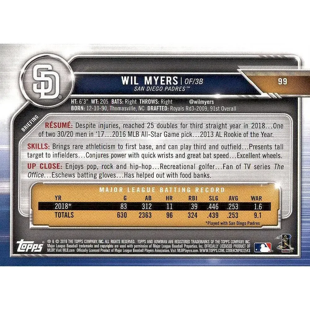 2019 Bowman Wil Myers #99 San Diego Padres